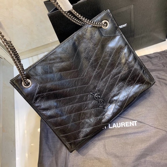 YSL Niki Medium Shopping Bag in Crinkled Vintage Leather Black