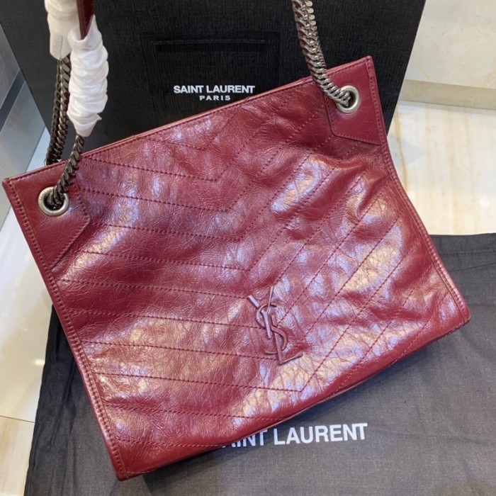 YSL Niki Medium Shopping Bag in Crinkled Vintage Leather Burgundy