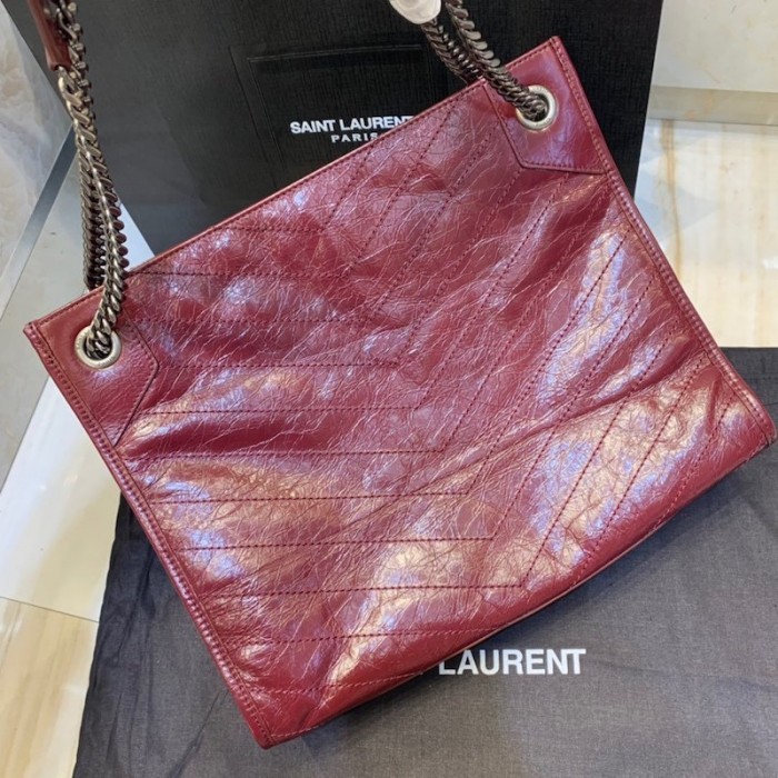 YSL Niki Medium Shopping Bag in Crinkled Vintage Leather Burgundy