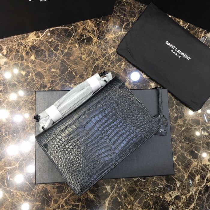 YSL Sunset Chain Croc Bag Black with Black