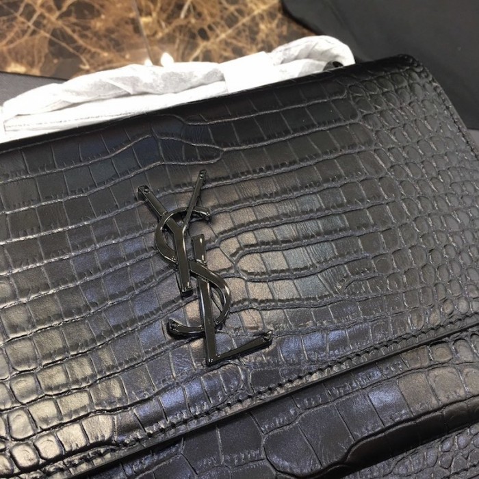 YSL Sunset Chain Croc Bag Black with Black