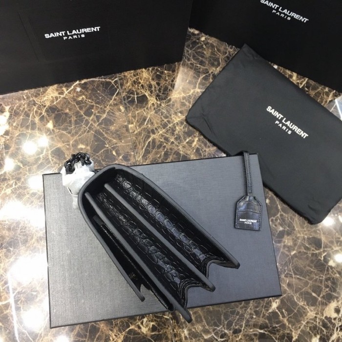 YSL Sunset Chain Croc Bag Black with Black