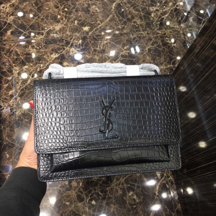 YSL Sunset Chain Croc Bag Black with Black