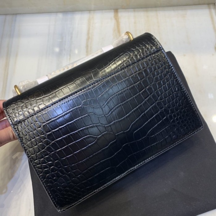 YSL Sunset Chain Croc Bag Black with Gold