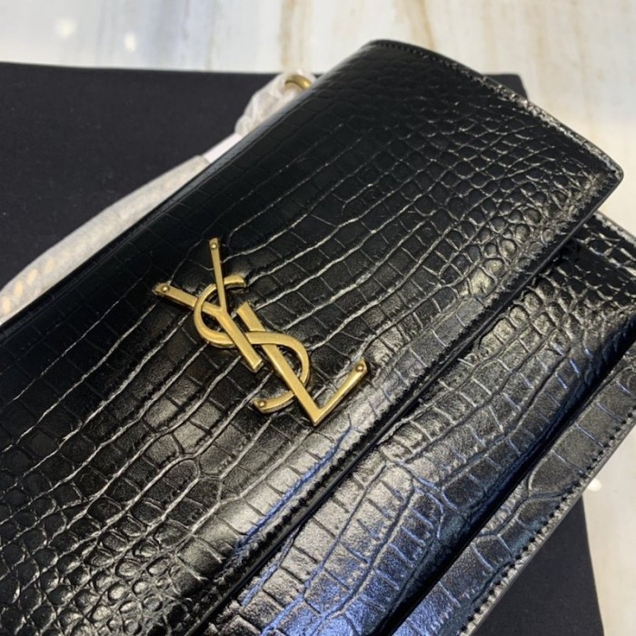 YSL Sunset Chain Croc Bag Black with Gold