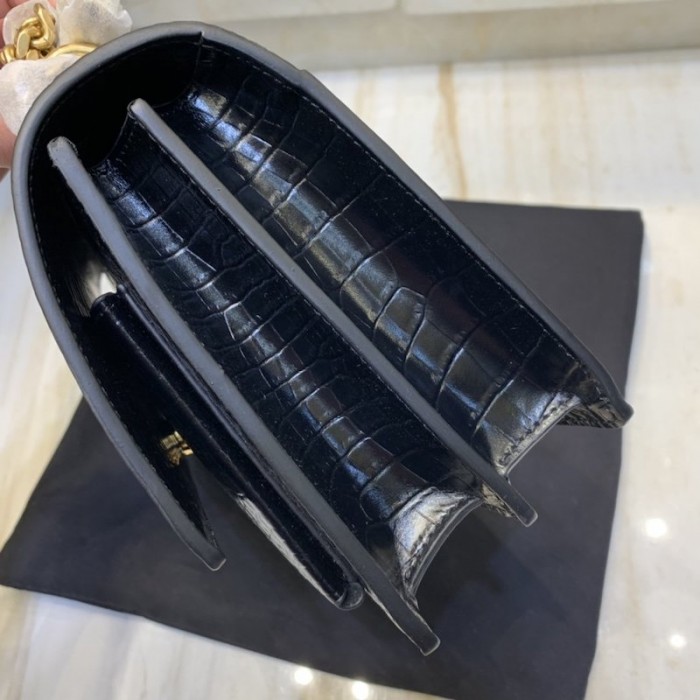 YSL Sunset Chain Croc Bag Black with Gold