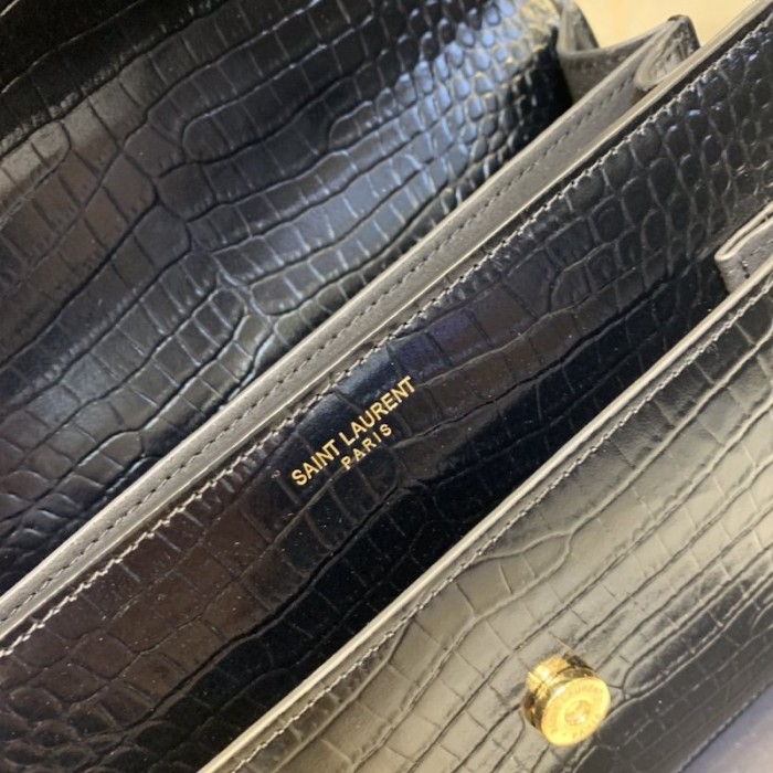 YSL Sunset Chain Croc Bag Black with Gold