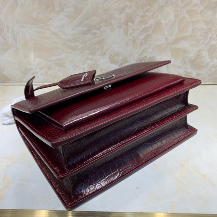 YSL Sunset Chain Croc Bag Burgundy
