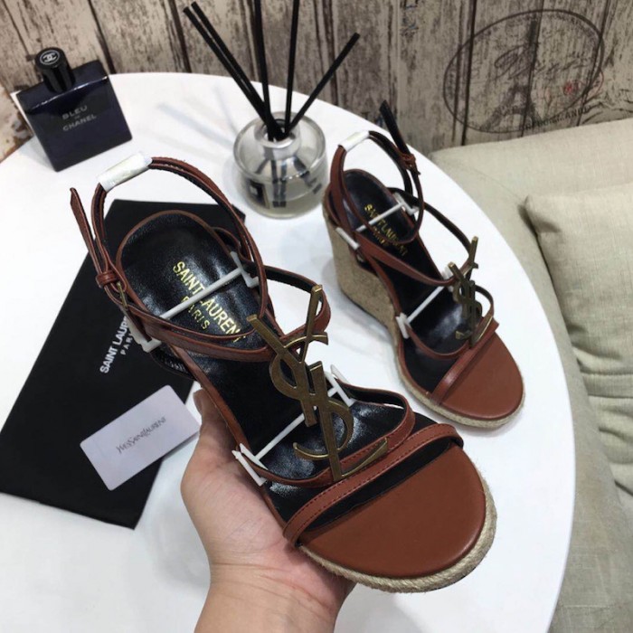 YSL Cassandra Wedge Espadrilles with Gold Logo in Leather Brown