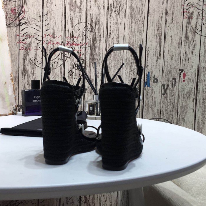 YSL Cassandra Wedge Espadrilles with Black Logo in Patent Leather Black