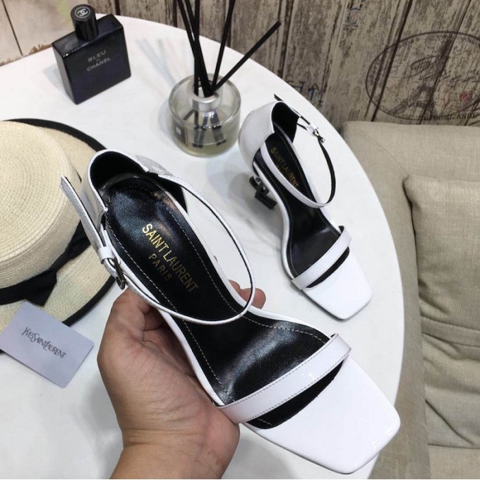 YSL opyum sandals in patent leather with black heel white